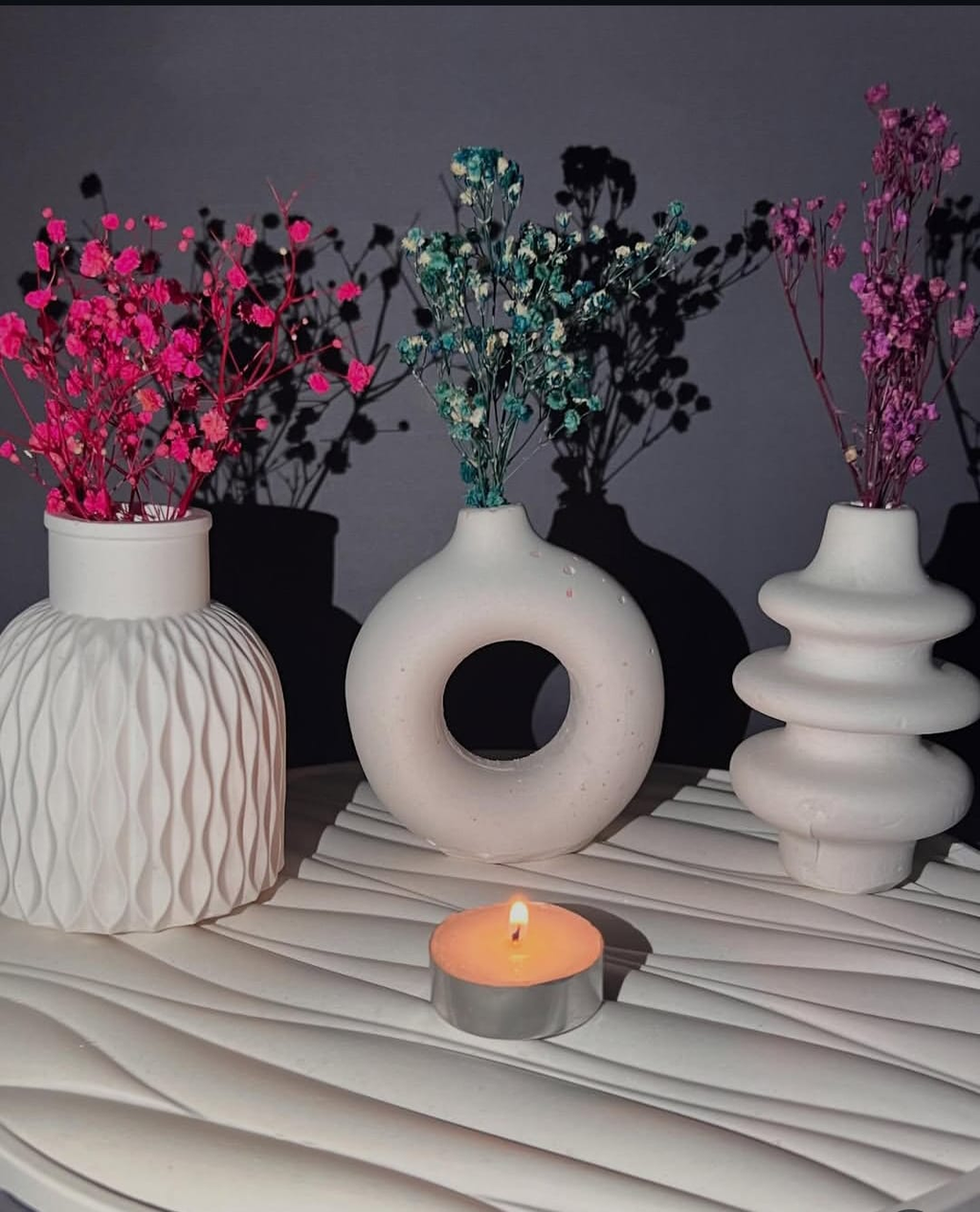 Modern Dekoratif Seramik Vazo Seti – 3’lü Tasarım (Kuru Çiçekli)