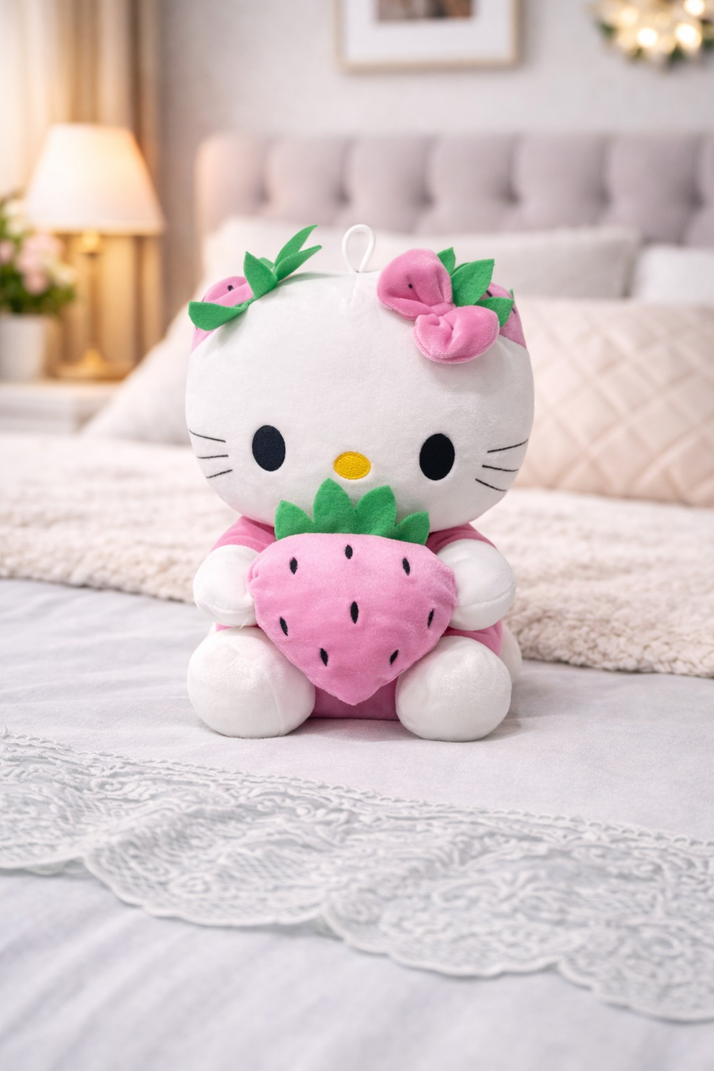 Çilekli Sevimli Kedi Peluş Oyuncak – Yumuşak Dokulu Dekoratif Oyuncak